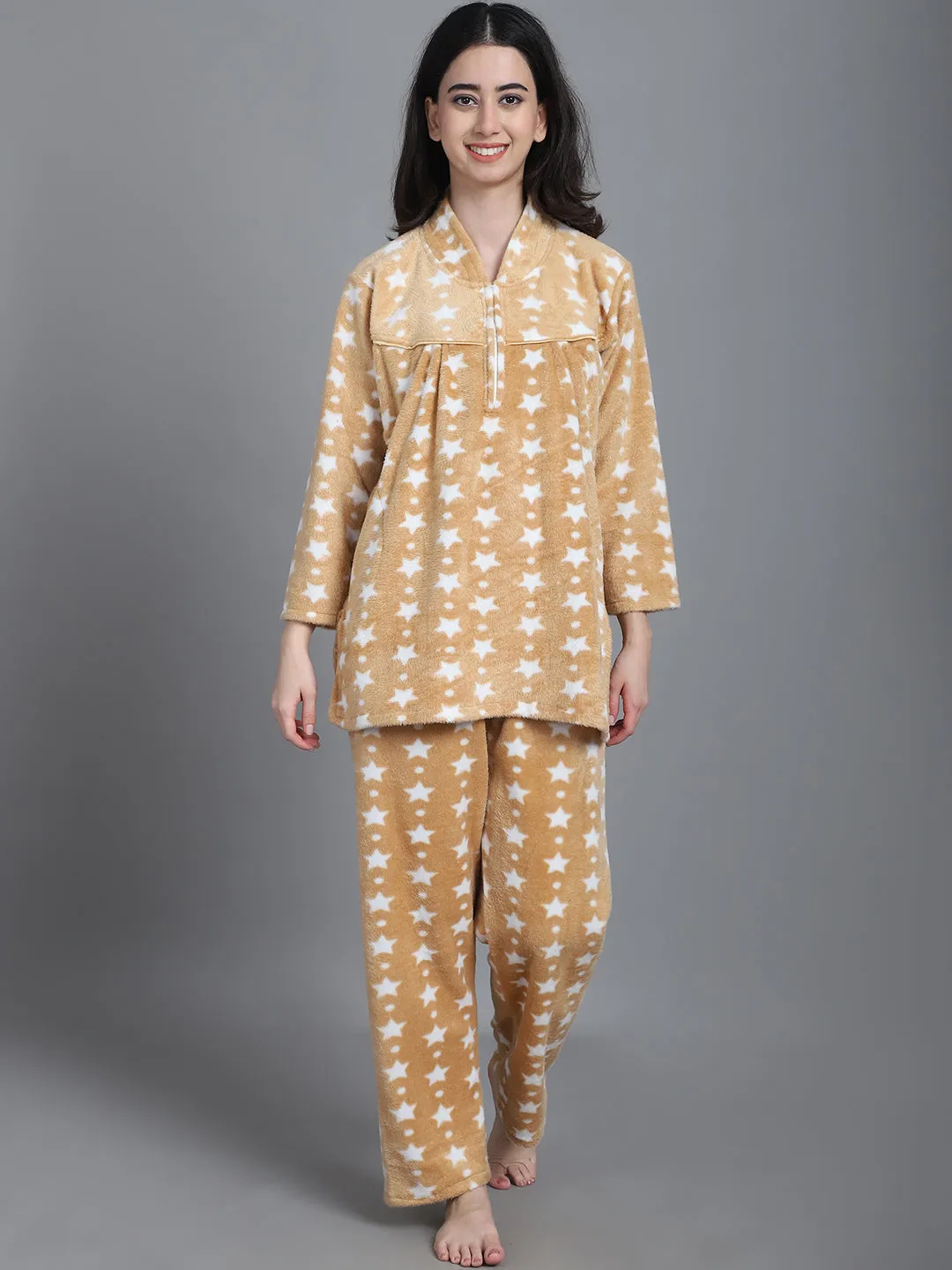 Cozy Star Print Winter Night Suit - Beige