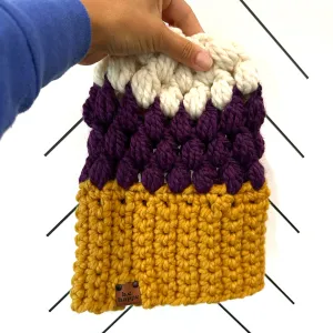 Crochet Puff Stitch Slouch Hat | Mustard   Purple   Off White