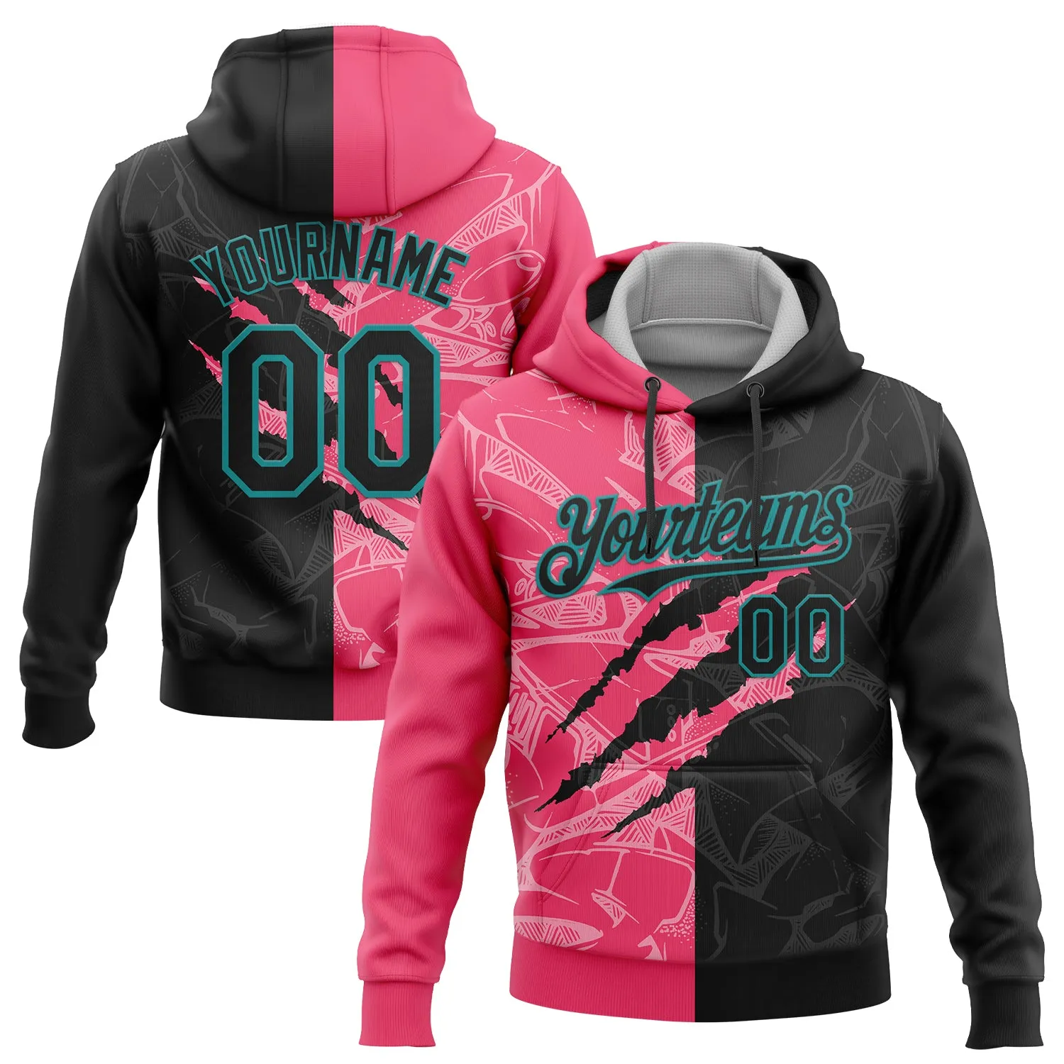 Custom Stitched Graffiti Pattern Black Neon Pink-Teal 3D Scratch Sports Pullover Sweatshirt Hoodie