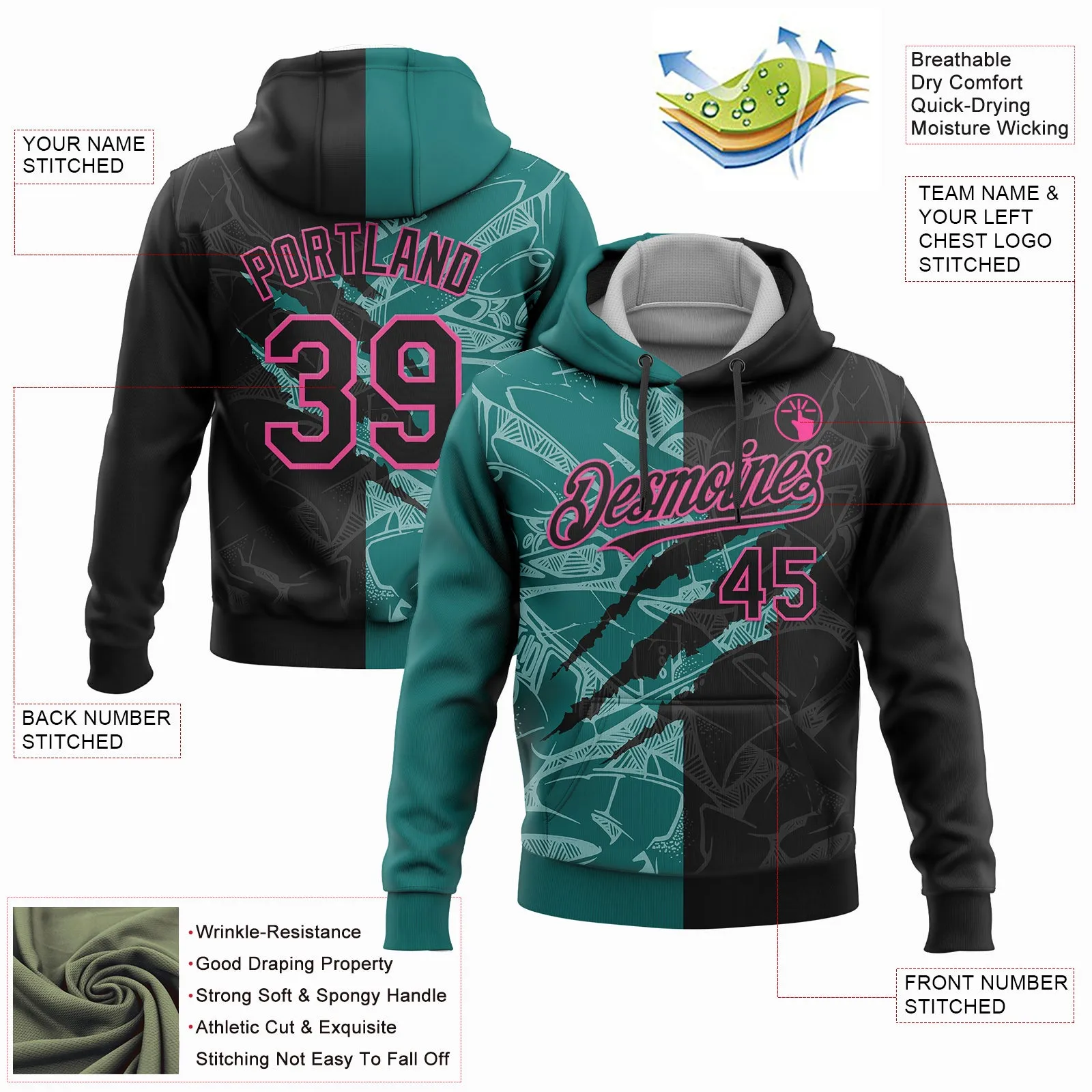 Custom Stitched Graffiti Pattern Black Teal-Pink 3D Scratch Sports Pullover Sweatshirt Hoodie