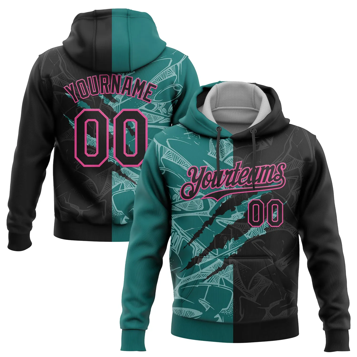 Custom Stitched Graffiti Pattern Black Teal-Pink 3D Scratch Sports Pullover Sweatshirt Hoodie