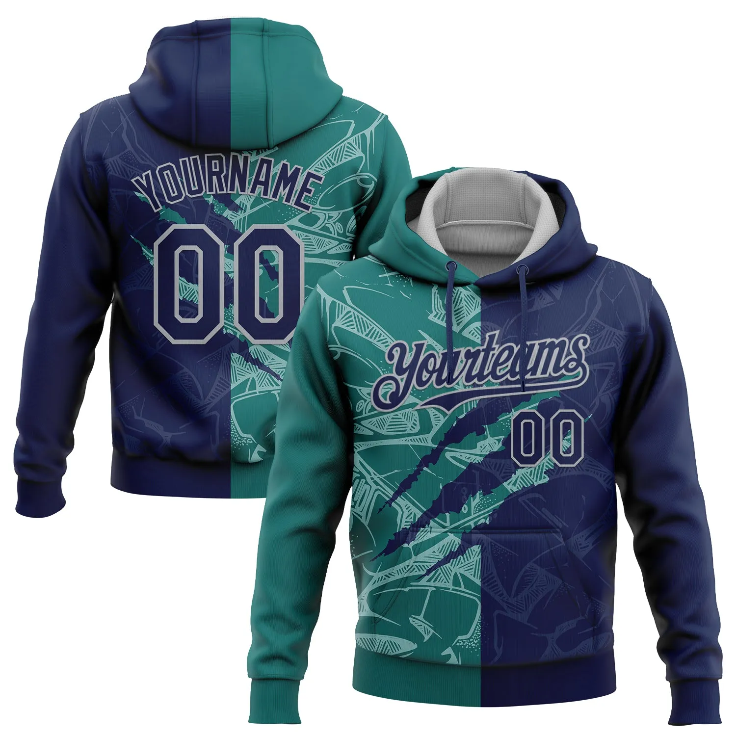 Custom Stitched Graffiti Pattern Navy Teal-Gray 3D Scratch Sports Pullover Sweatshirt Hoodie