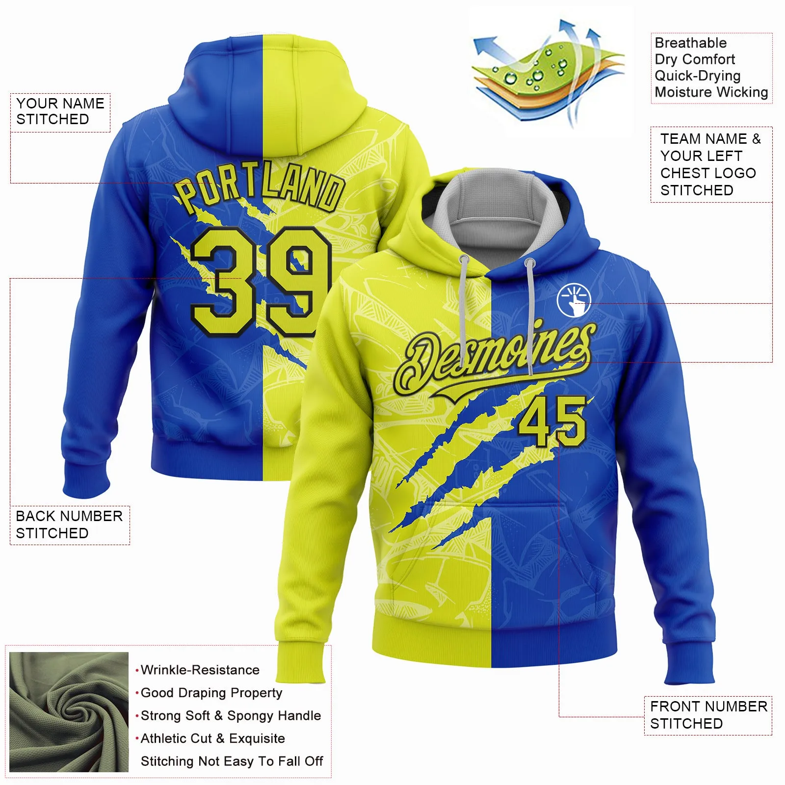 Custom Stitched Graffiti Pattern Neon Yellow Thunder Blue-Black 3D Scratch Sports Pullover Sweatshirt Hoodie