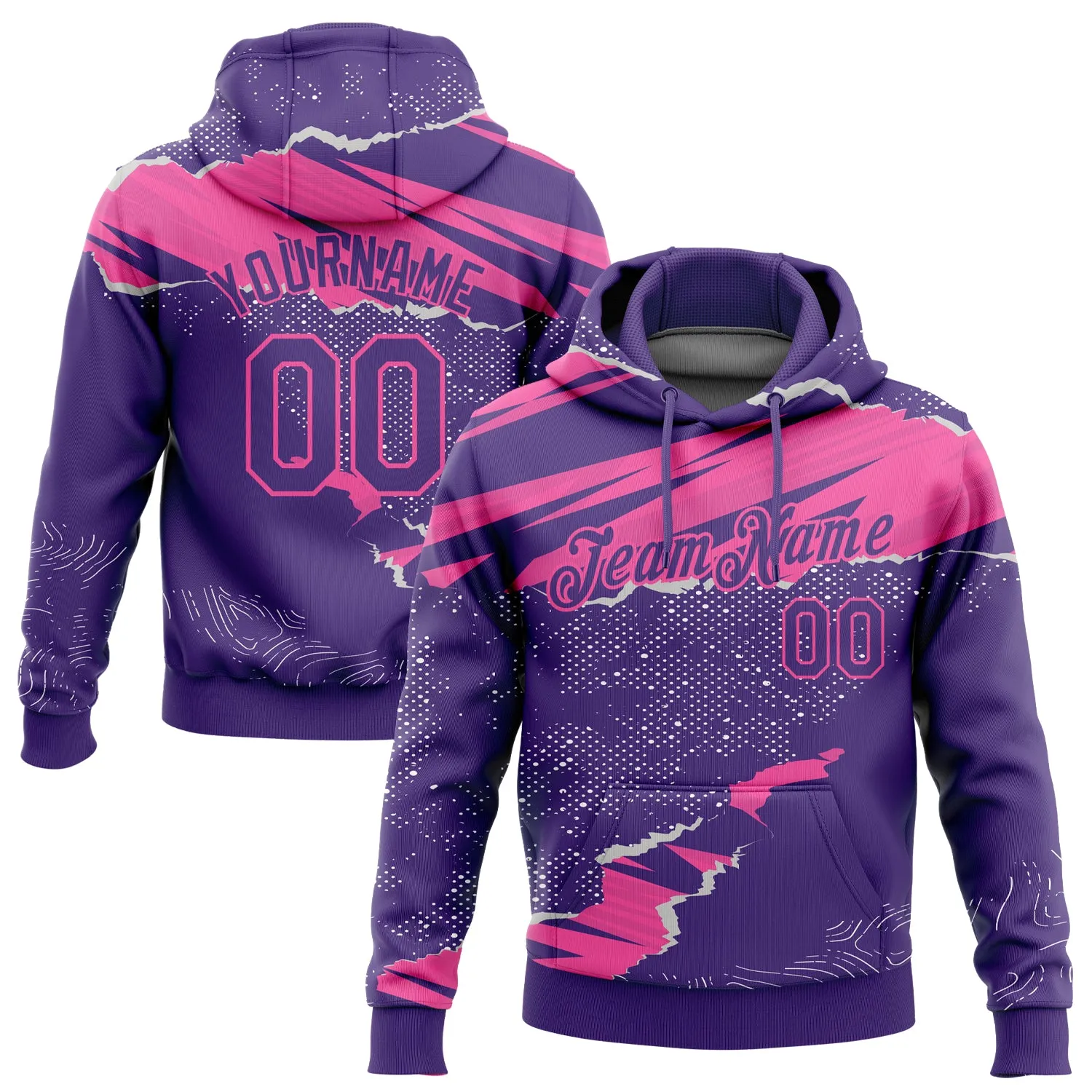 Custom Stitched Purple Pink 3D Pattern Design Torn Paper Style Sports Pullover Sweatshirt Hoodie