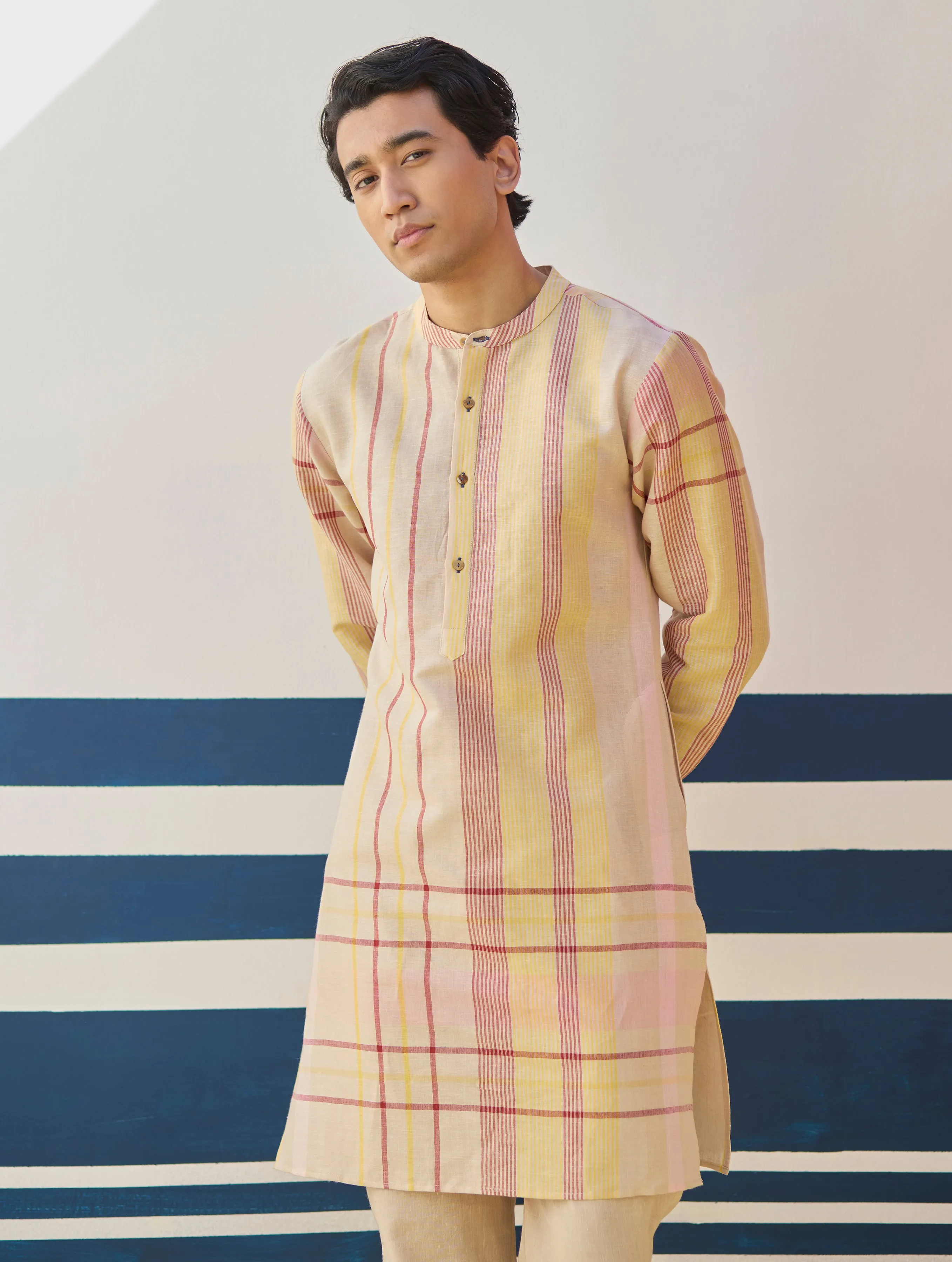 Dako Modern Check Linen Kurta - Sand