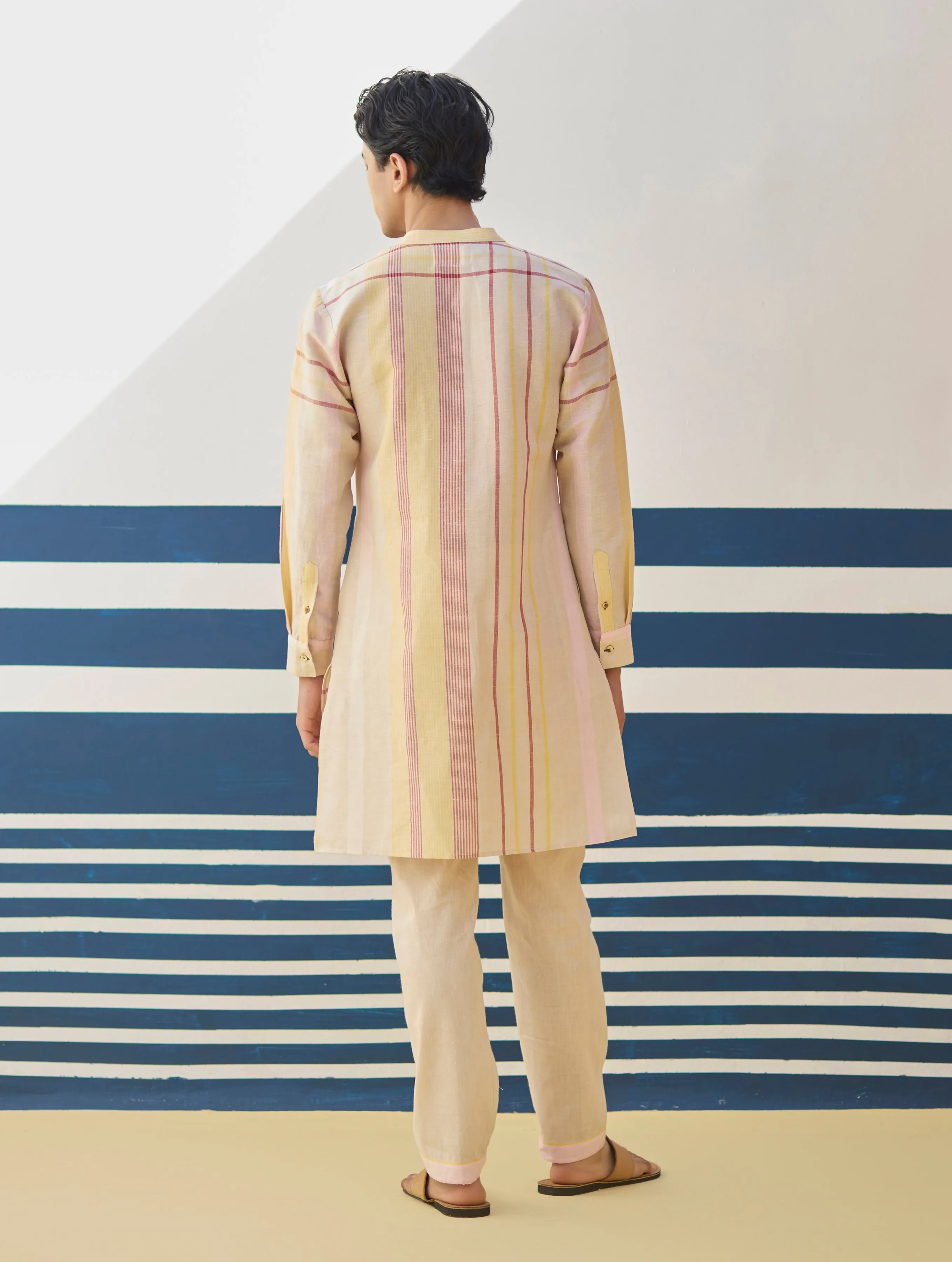 Dako Modern Check Linen Kurta - Sand