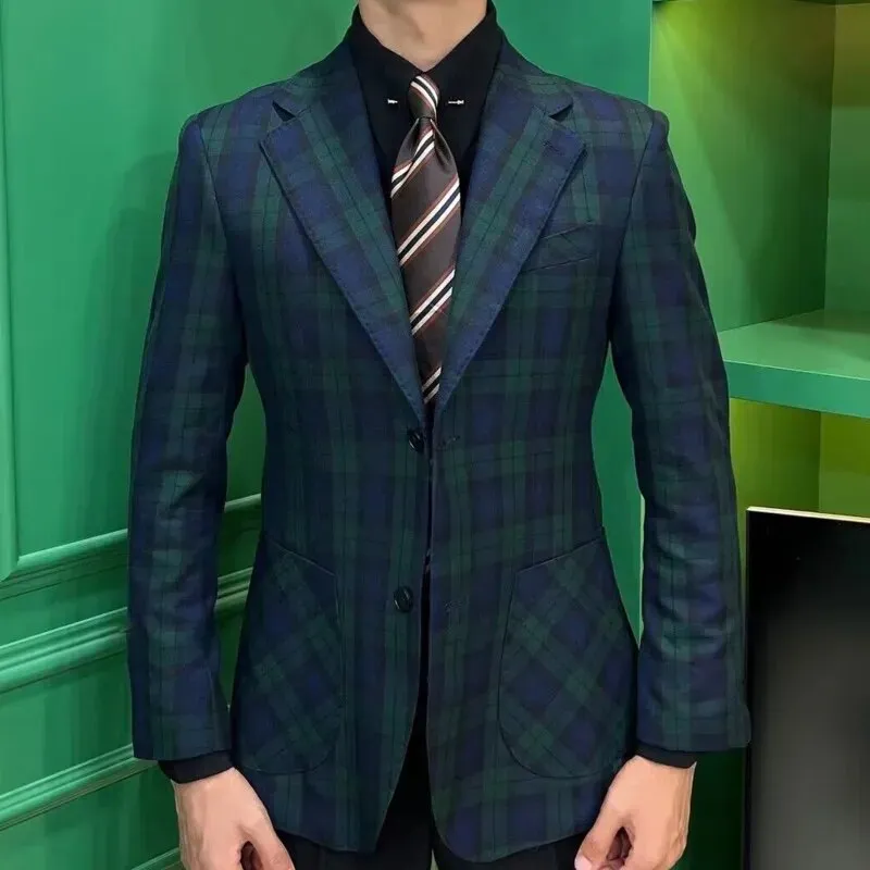 Dark Green Plaid Pattern Blazer