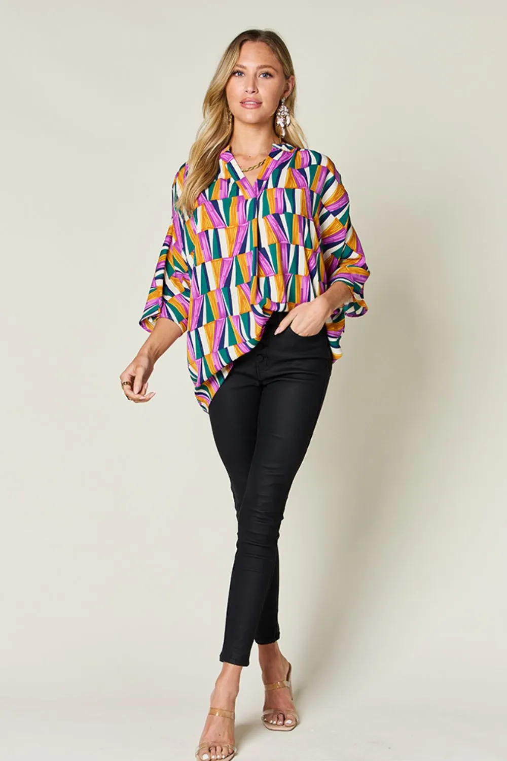 Double Take Full Size Geometric Notched Raglan Sleeve Blouse