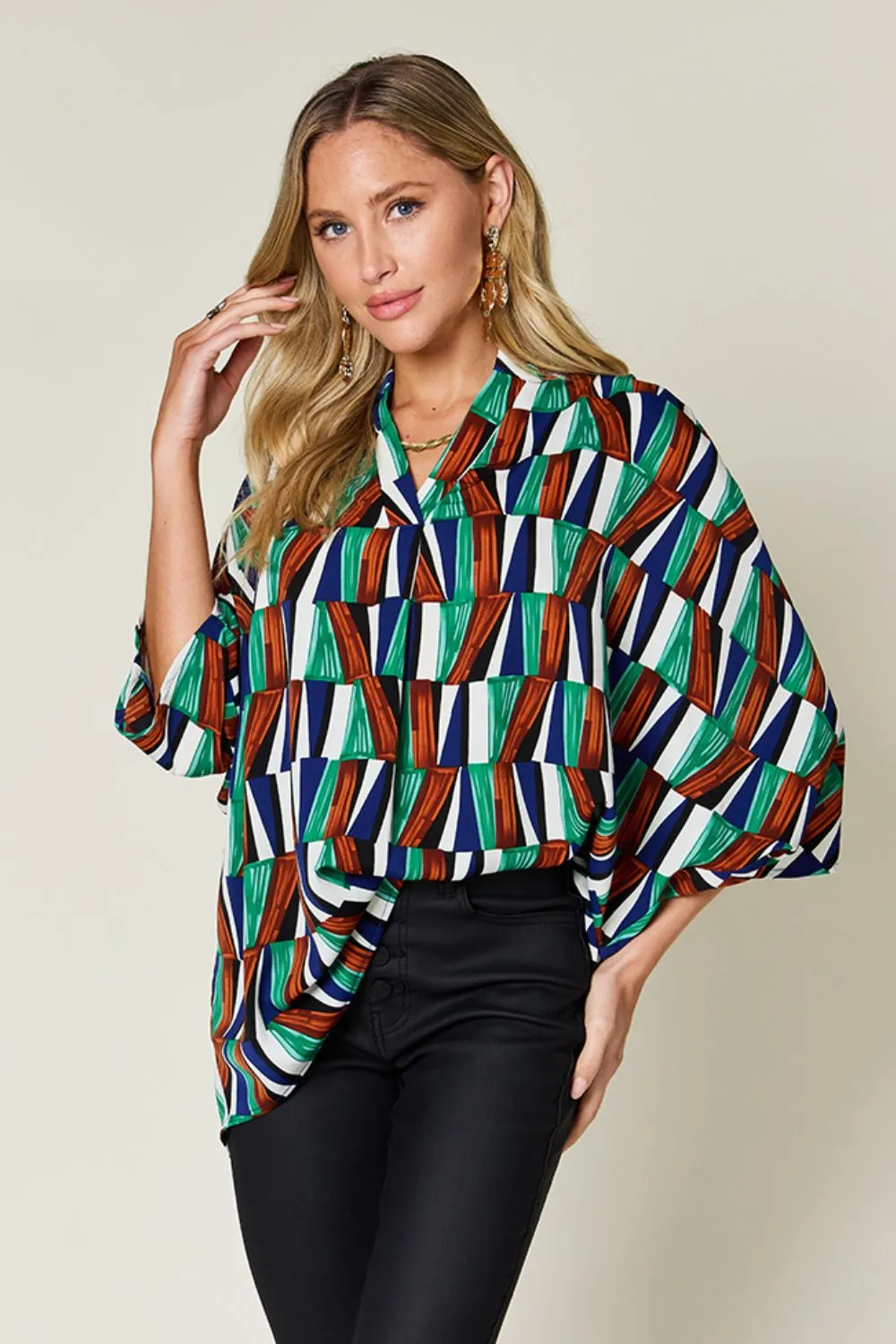 Double Take Full Size Geometric Notched Raglan Sleeve Blouse