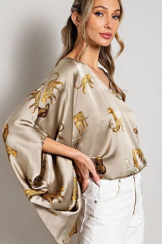 Eesome Leopard Print Satin Poncho Blouse - Olive