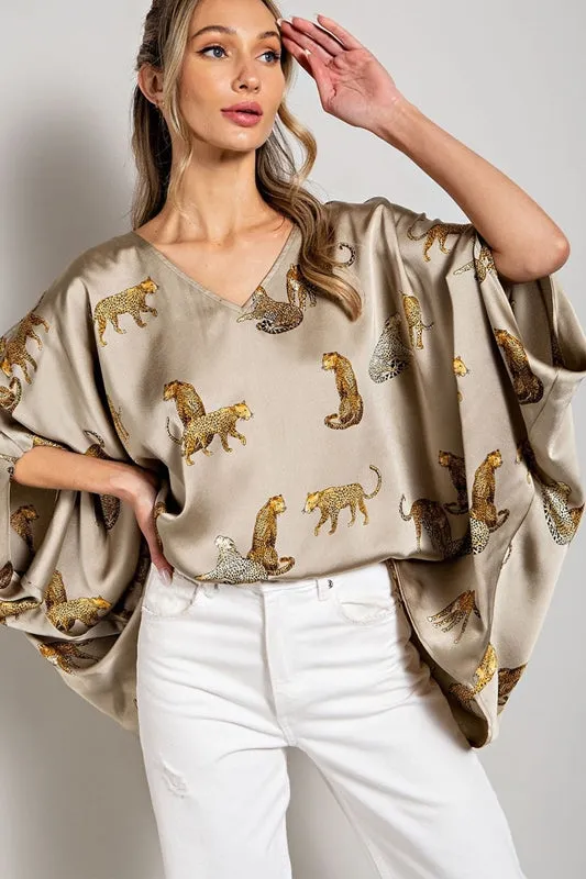 Eesome Leopard Print Satin Poncho Blouse - Olive