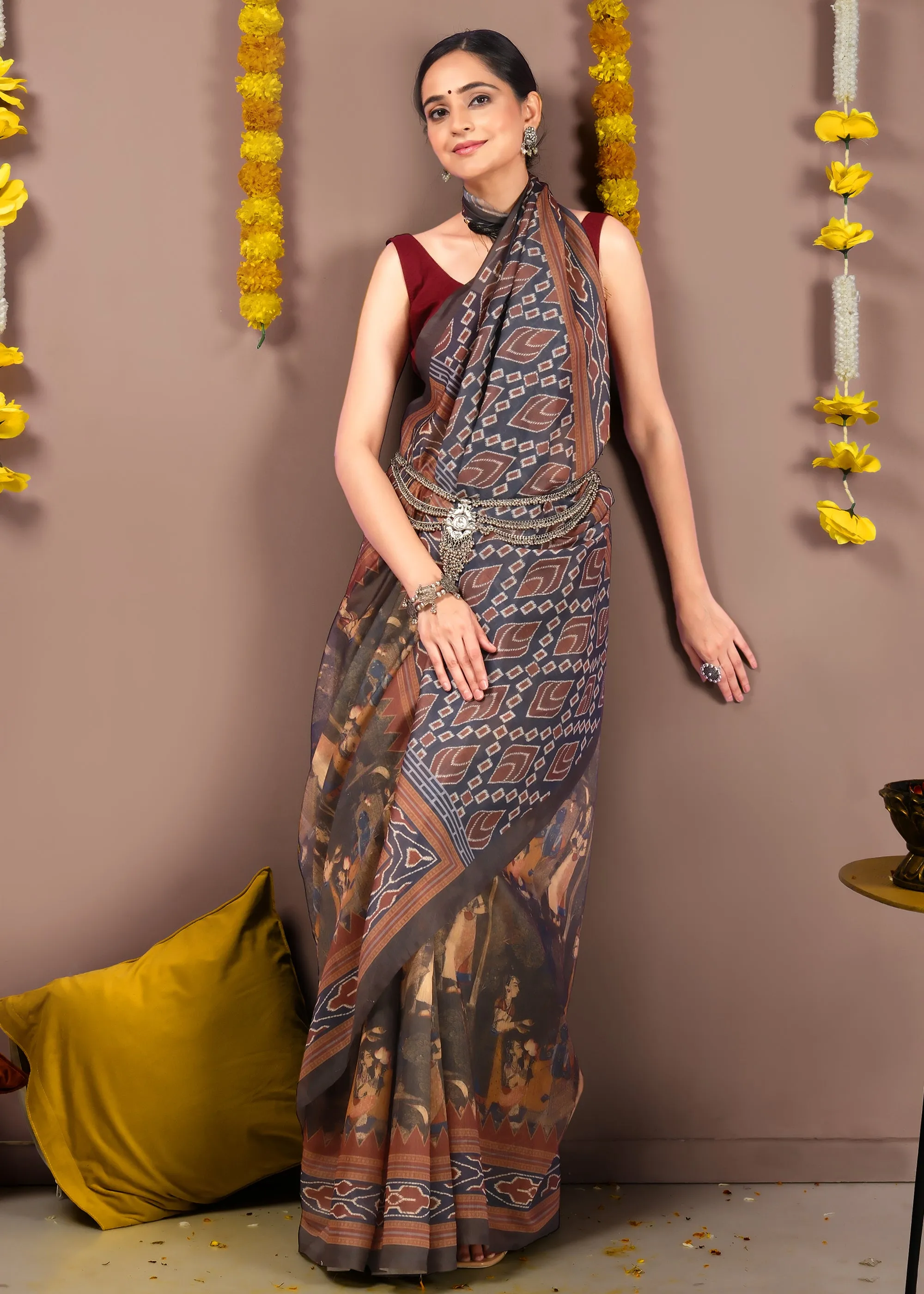 Elegant Brown Tribal Ikat Printed Saree