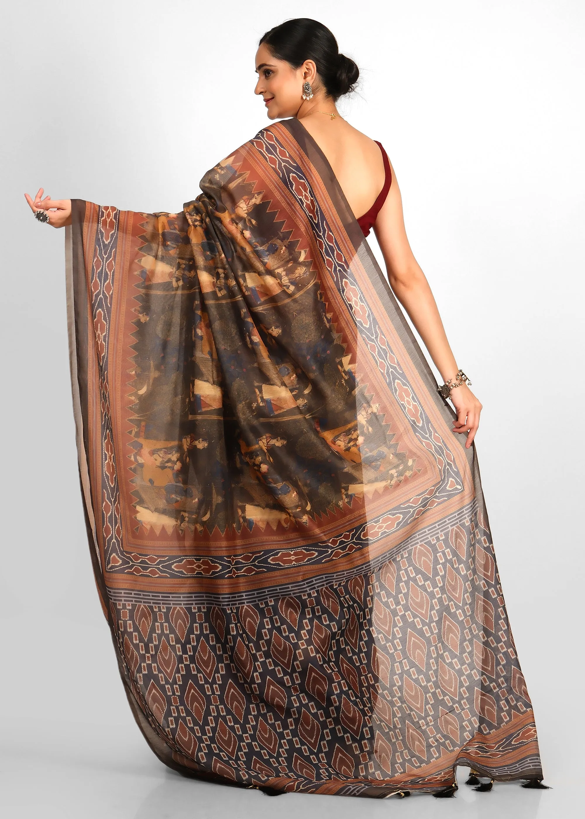 Elegant Brown Tribal Ikat Printed Saree