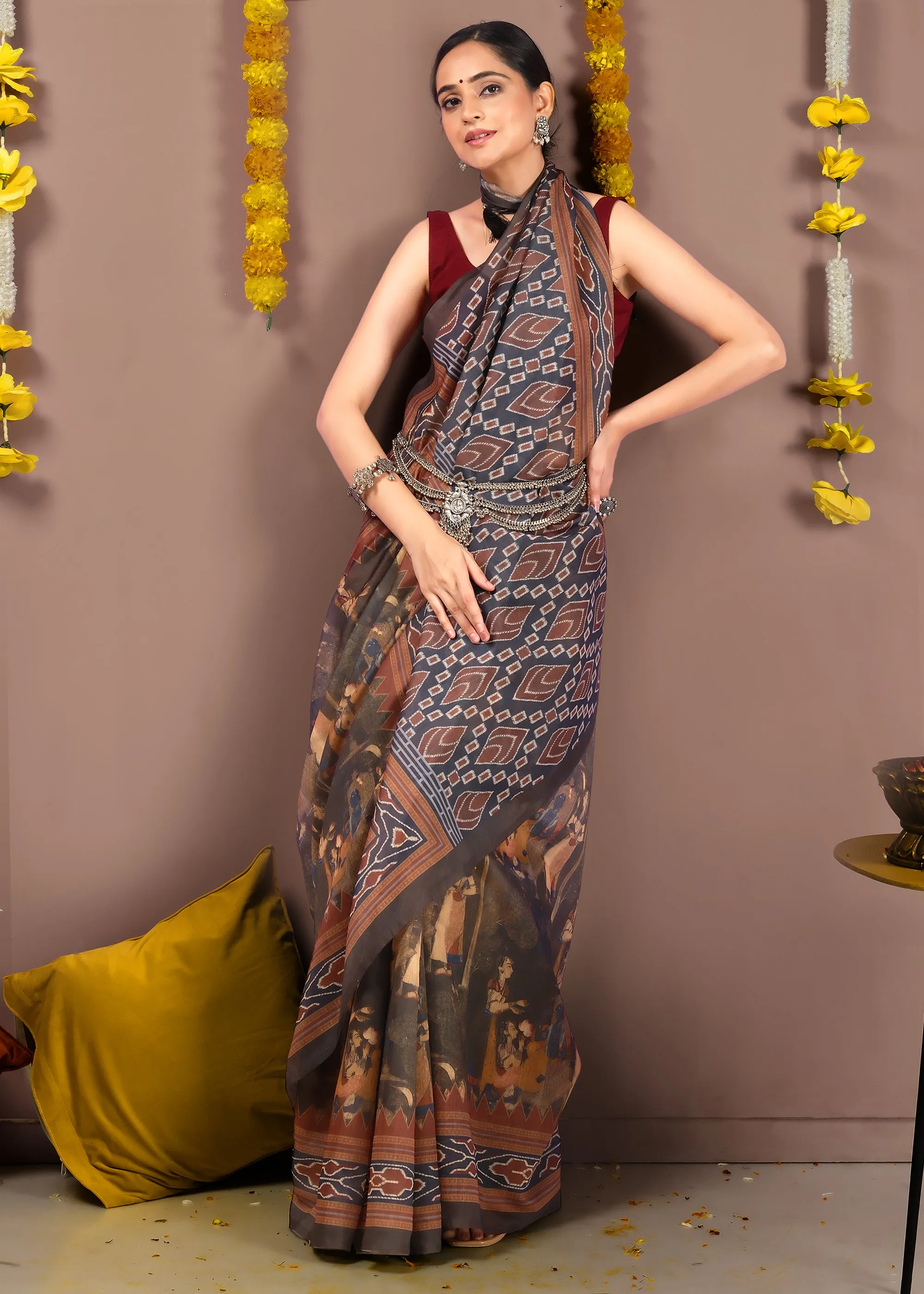 Elegant Brown Tribal Ikat Printed Saree