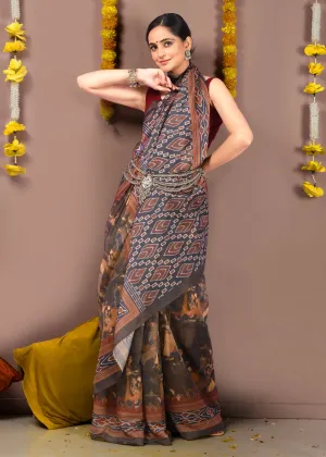 Elegant Brown Tribal Ikat Printed Saree