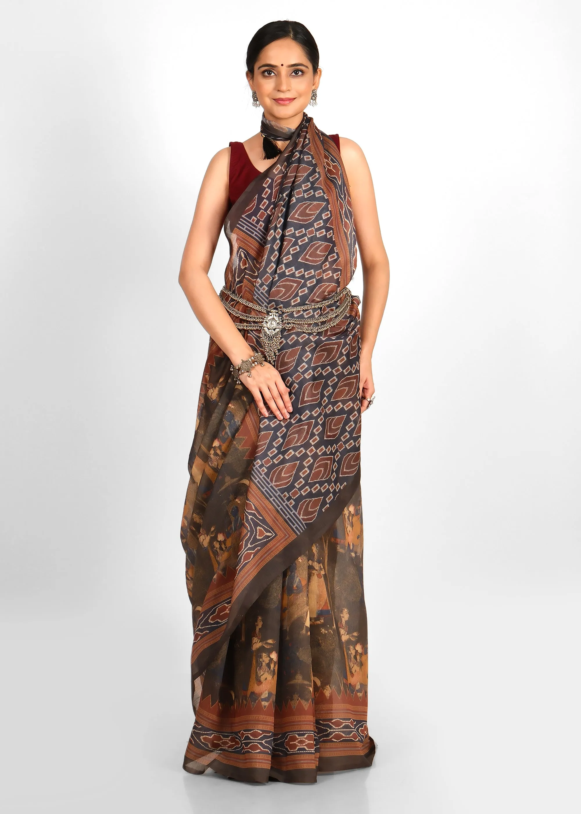 Elegant Brown Tribal Ikat Printed Saree