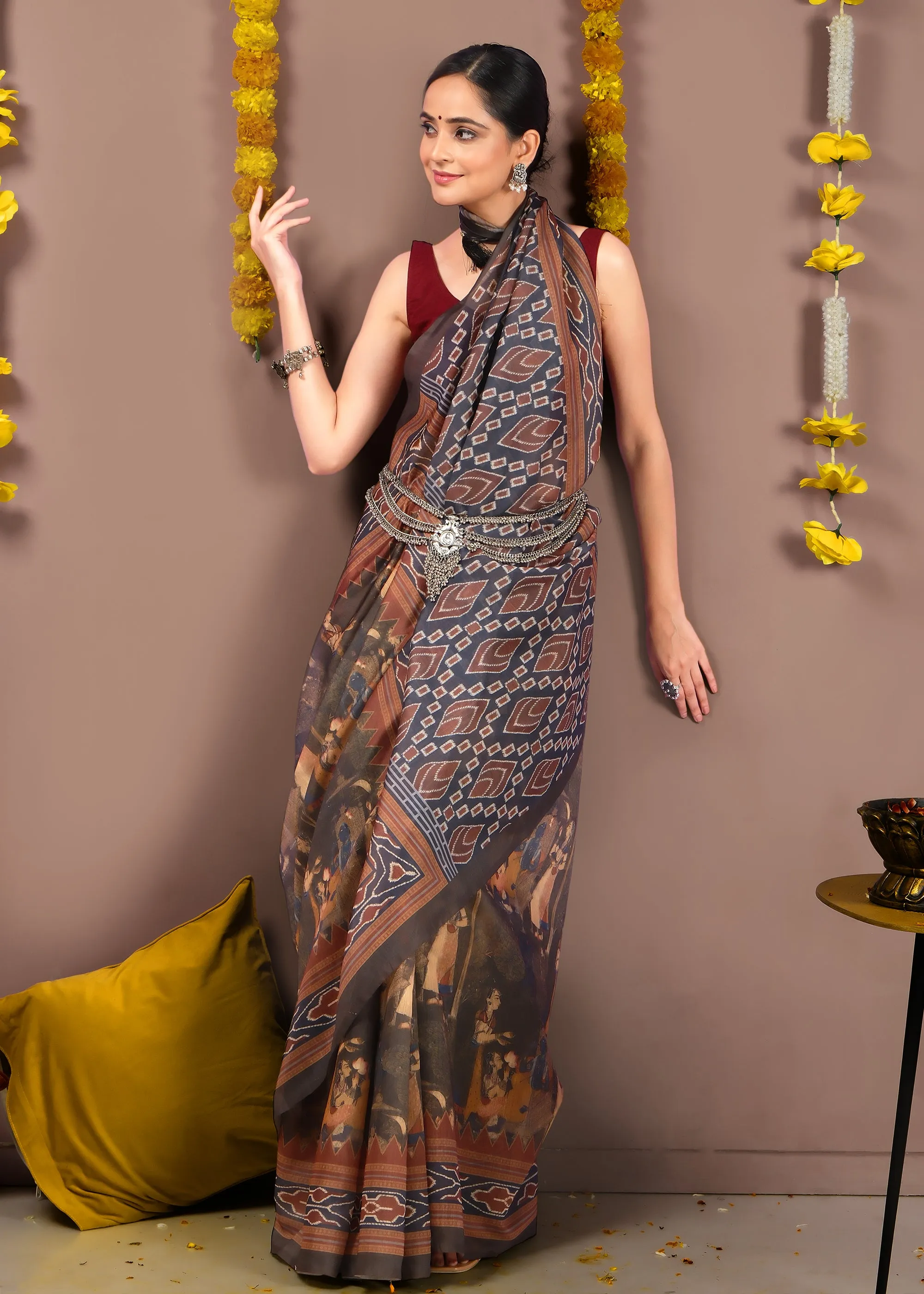 Elegant Brown Tribal Ikat Printed Saree