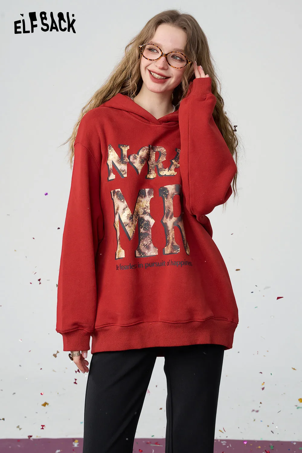 ELFSACK 2024 Winter New Arrivals Retro red leopard print with fleece hoodie for women, Christmas loose casual top