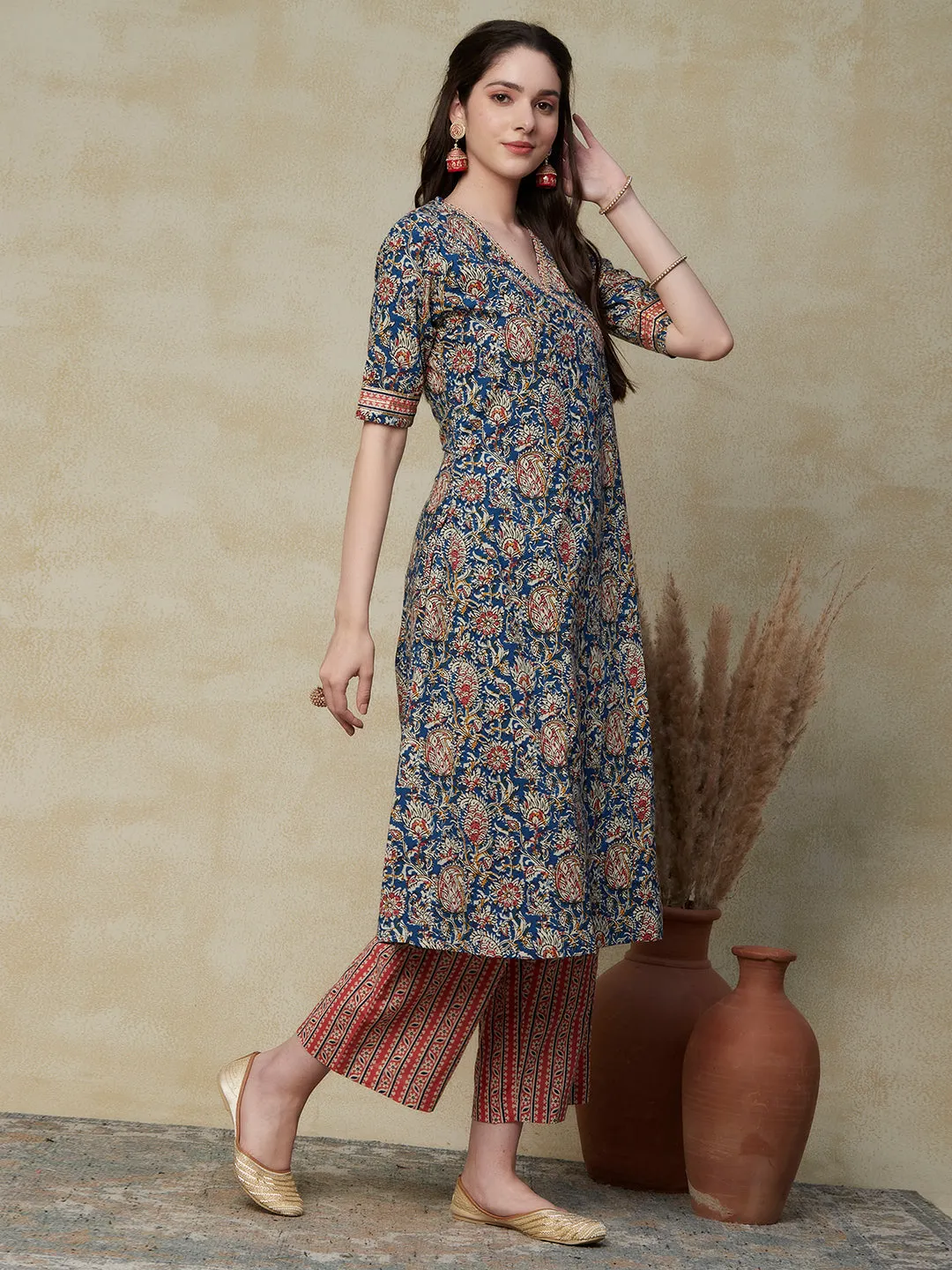 Ethnic Floral Printed A-Line Flared Kurta with Palazzo - Blue