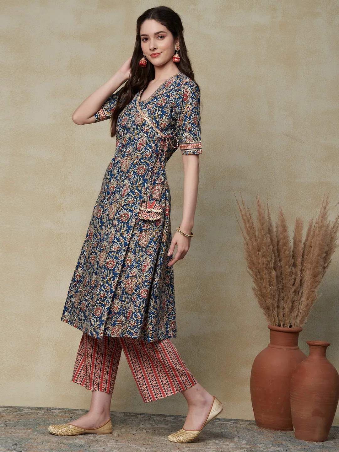 Ethnic Floral Printed A-Line Flared Kurta with Palazzo - Blue