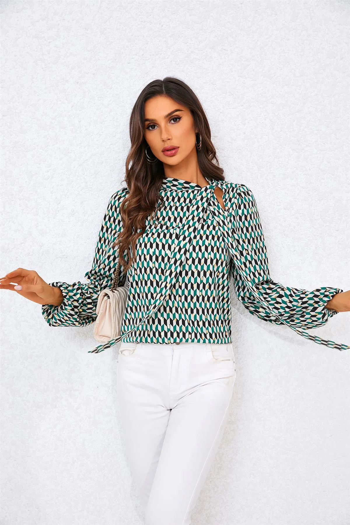 FS Collection Geo Print Side Tie Blouse Top In Green