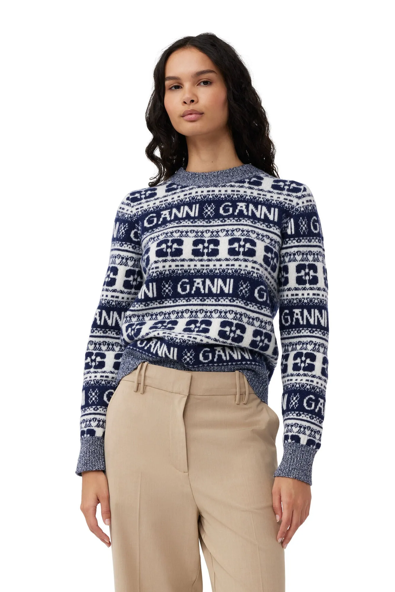 GANNI K2094 BLUE LOGO WOOL MIX O-NECK PULLOVER