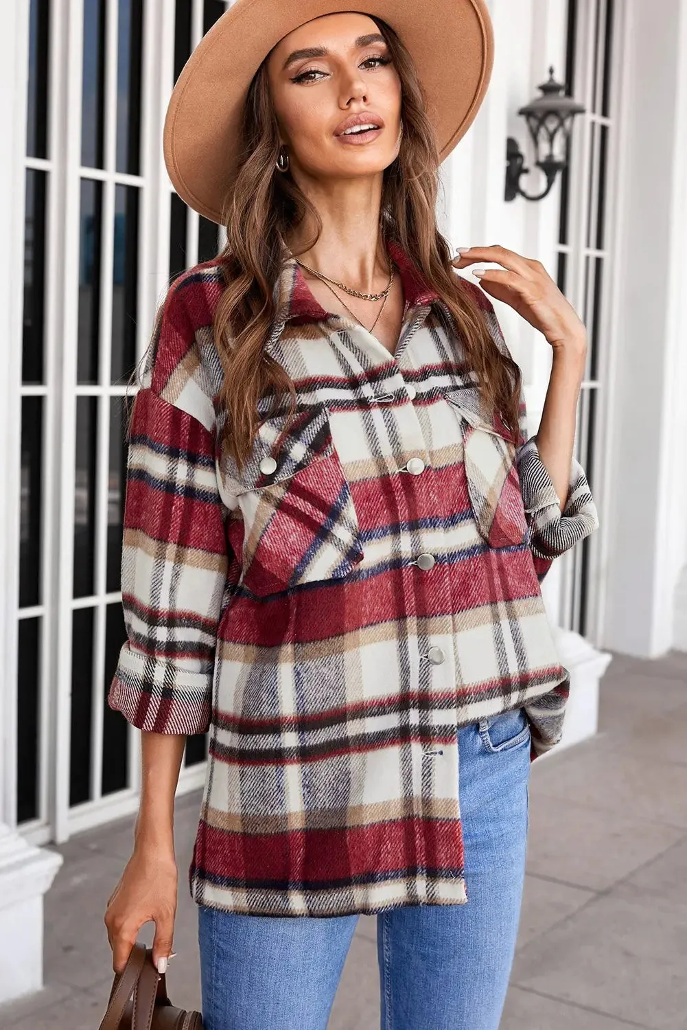 Geometric Plaid Print Pocketed Shirt