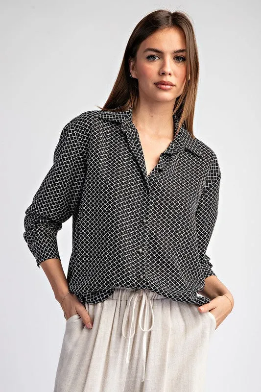 Harper Long Sleeve Geometric Print Button Down Top Black