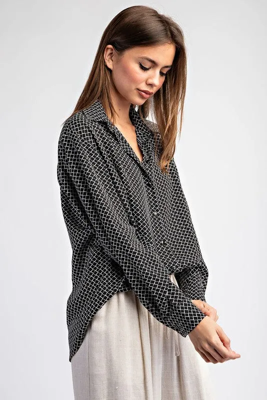 Harper Long Sleeve Geometric Print Button Down Top Black