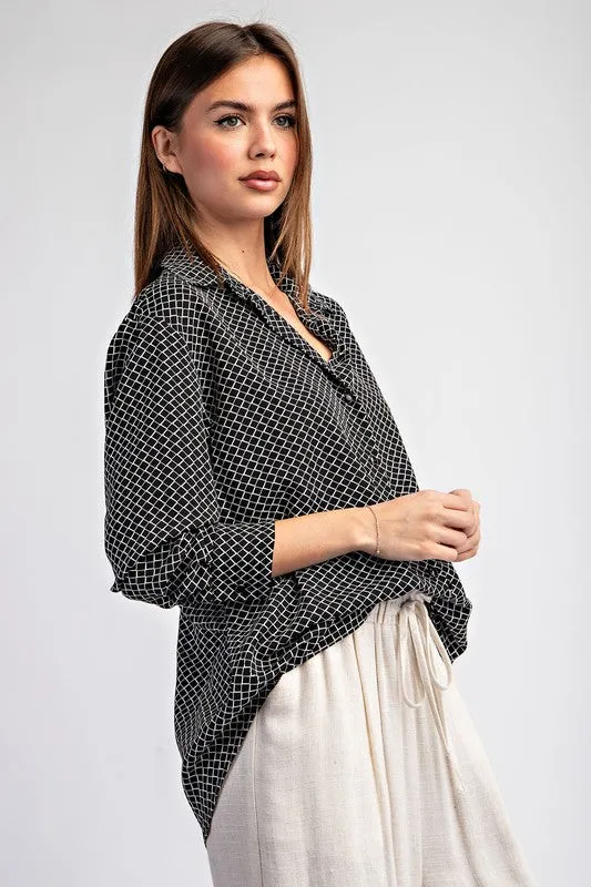 Harper Long Sleeve Geometric Print Button Down Top Black