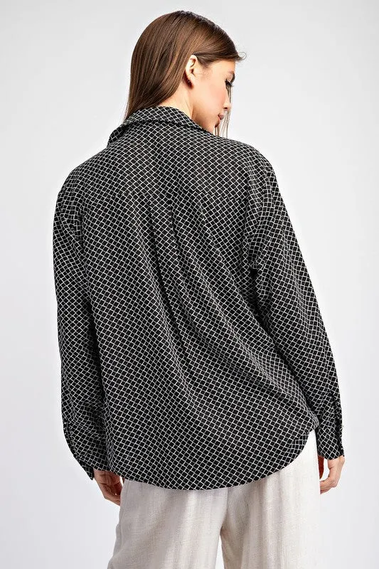 Harper Long Sleeve Geometric Print Button Down Top Black