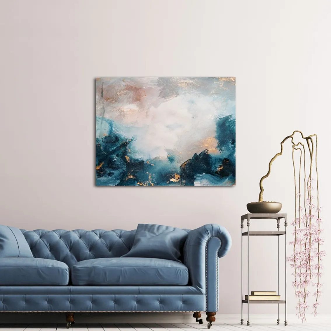 Horizontal blue & gold abstract wall art print