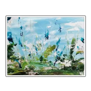 Horizontal blue & green abstract floral wall art print