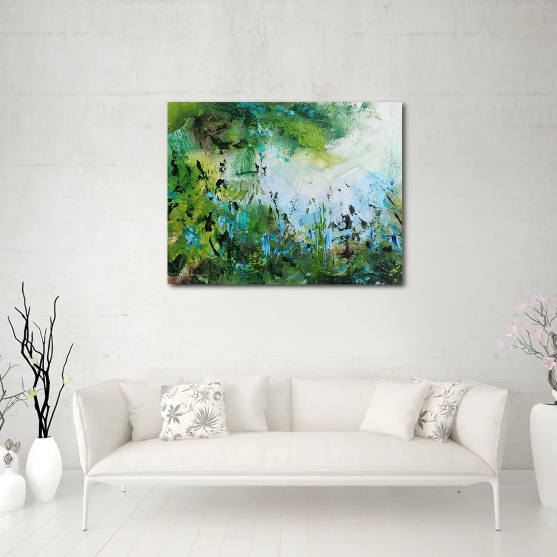 Horizontal blue & green abstract floral wall art print