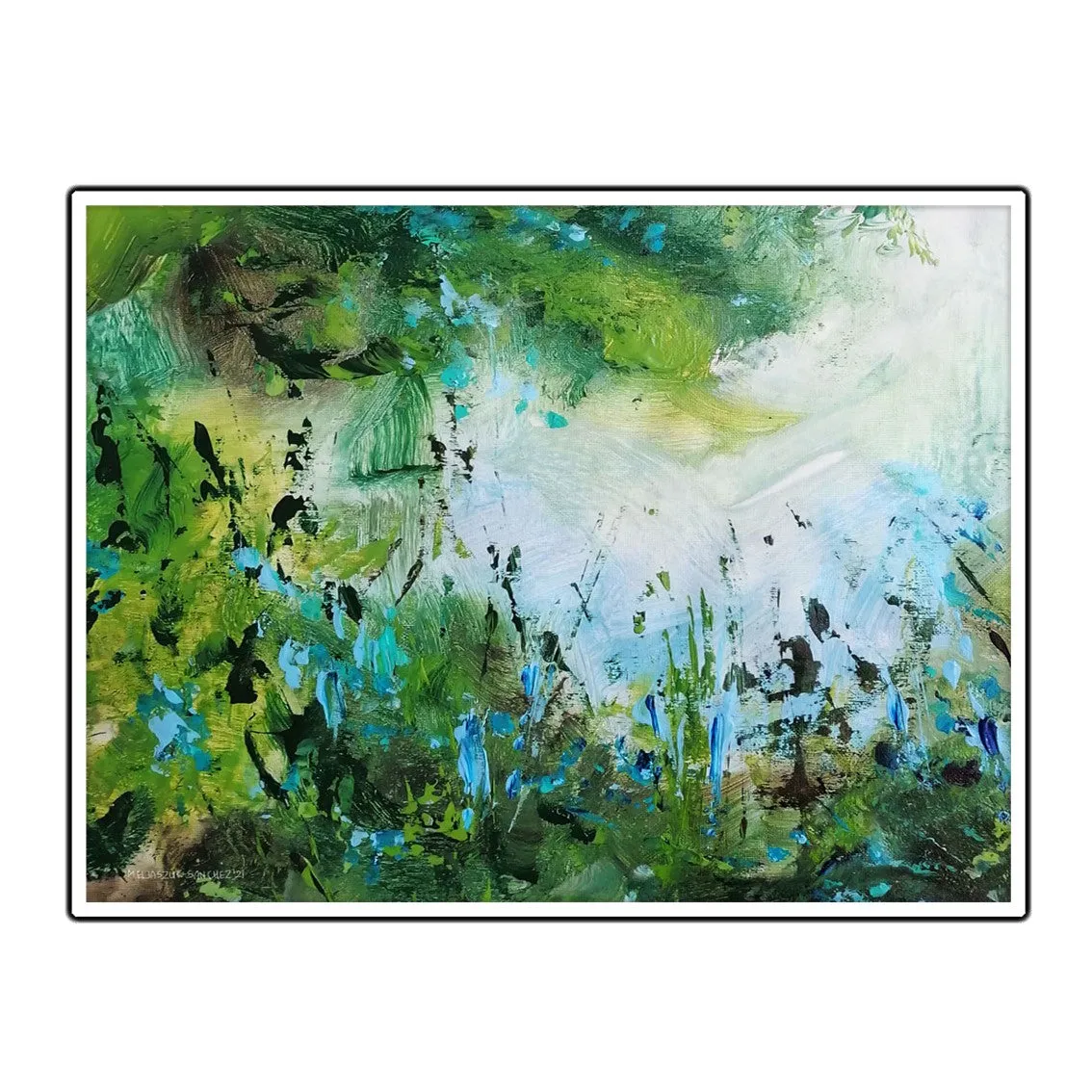 Horizontal blue & green abstract floral wall art print