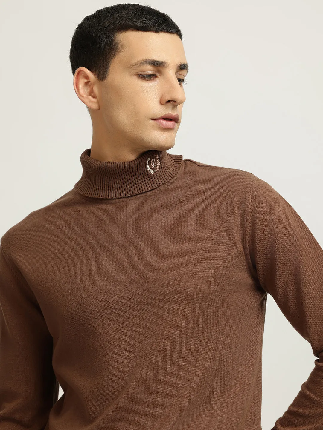 Iconic Men Brown Solid Turtle Neck Full Sleeves Pullover Style Sweater