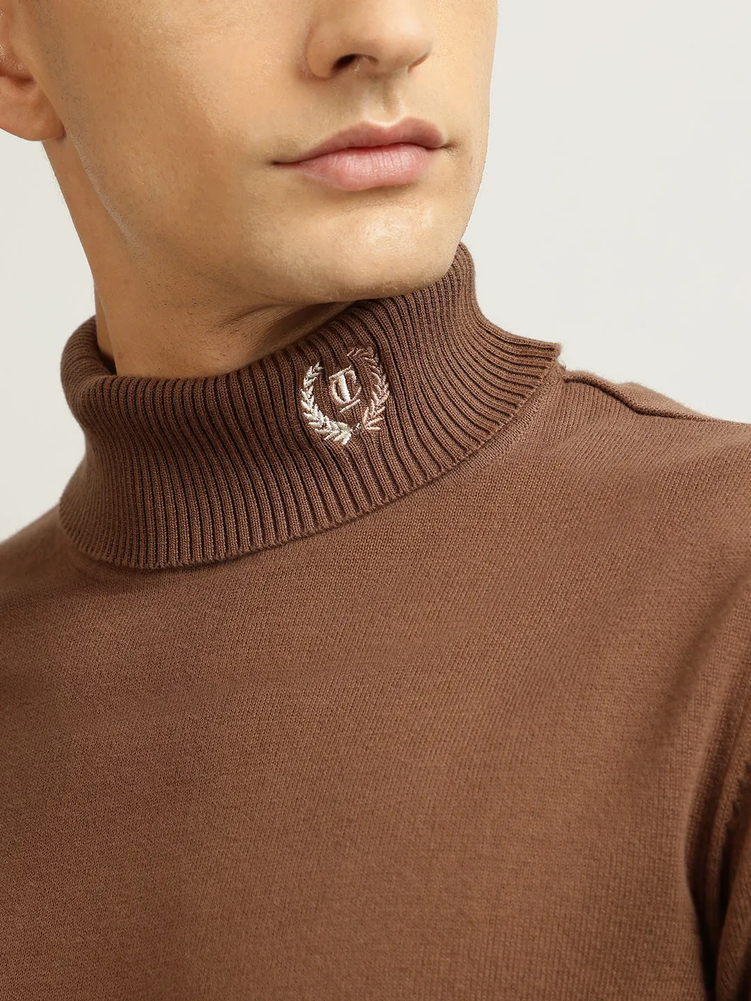 Iconic Men Brown Solid Turtle Neck Full Sleeves Pullover Style Sweater