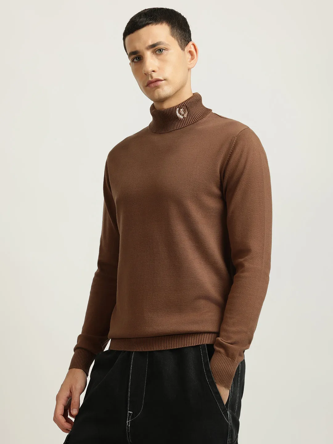 Iconic Men Brown Solid Turtle Neck Full Sleeves Pullover Style Sweater