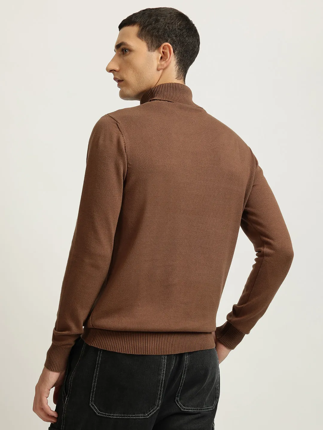 Iconic Men Brown Solid Turtle Neck Full Sleeves Pullover Style Sweater