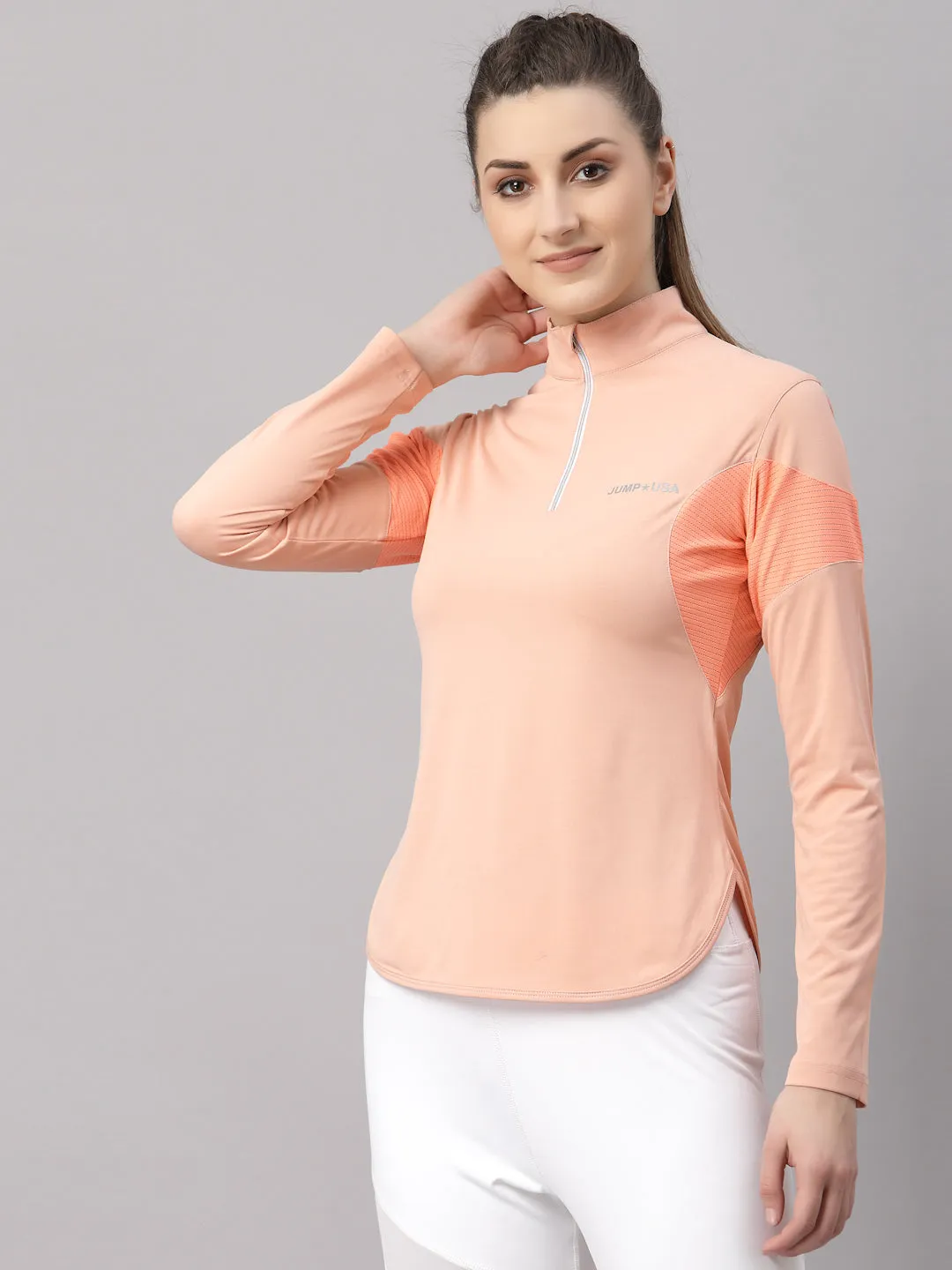 JUMP USA Lifestyle Women Coral & Neon Peech Polyster Stand Collor T-Shirt