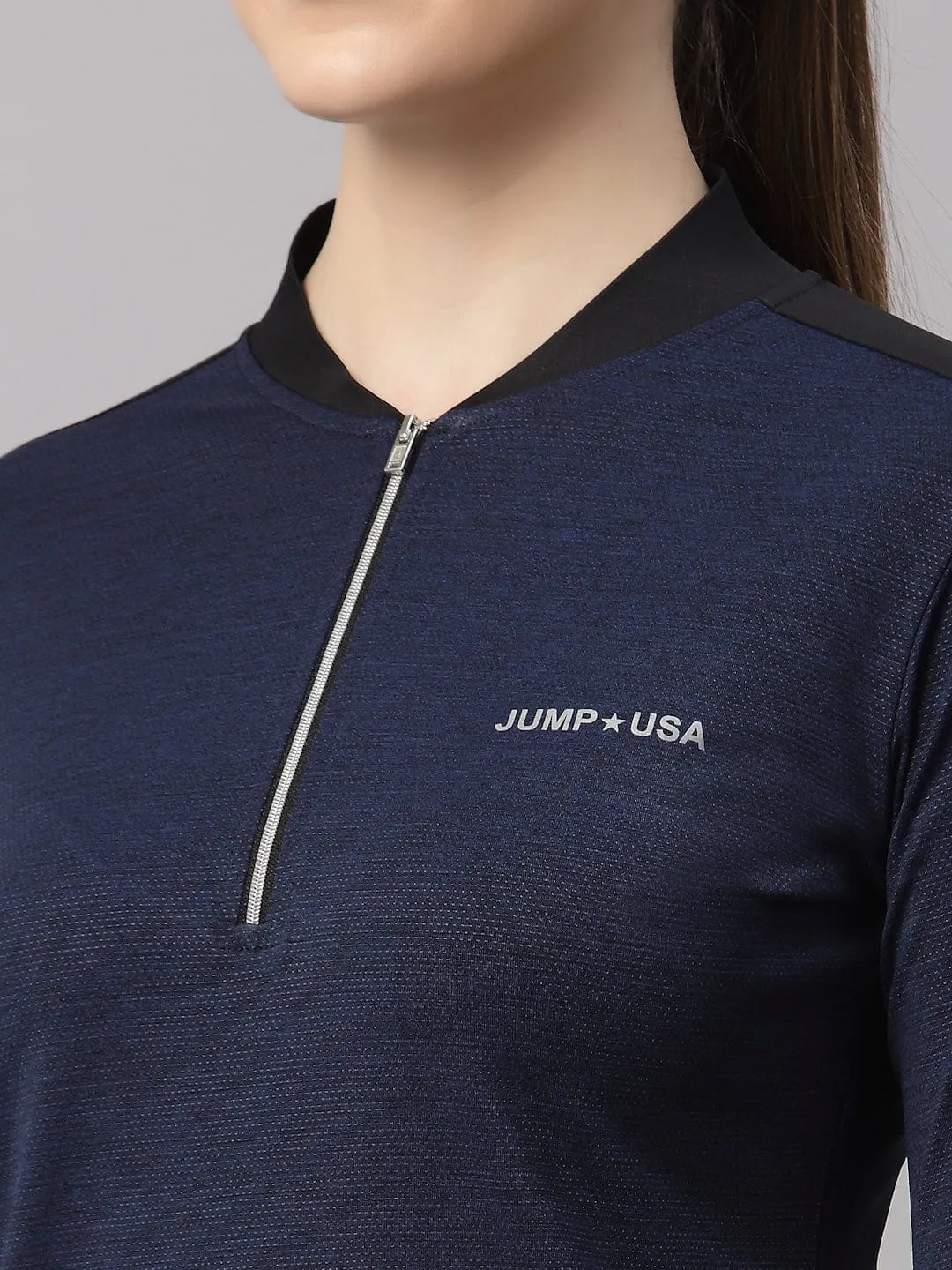 JUMP USA Lifestyle Women Navy Anthra & Black Polyster Stand Collor T-Shirt