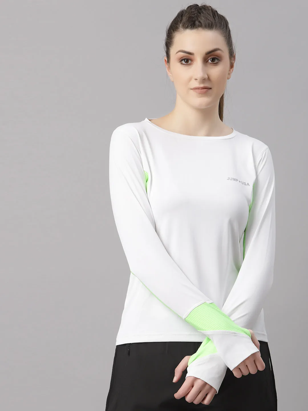 JUMP USA Lifestyle Women White & Neon Green Polyster Round Neck T-Shirt