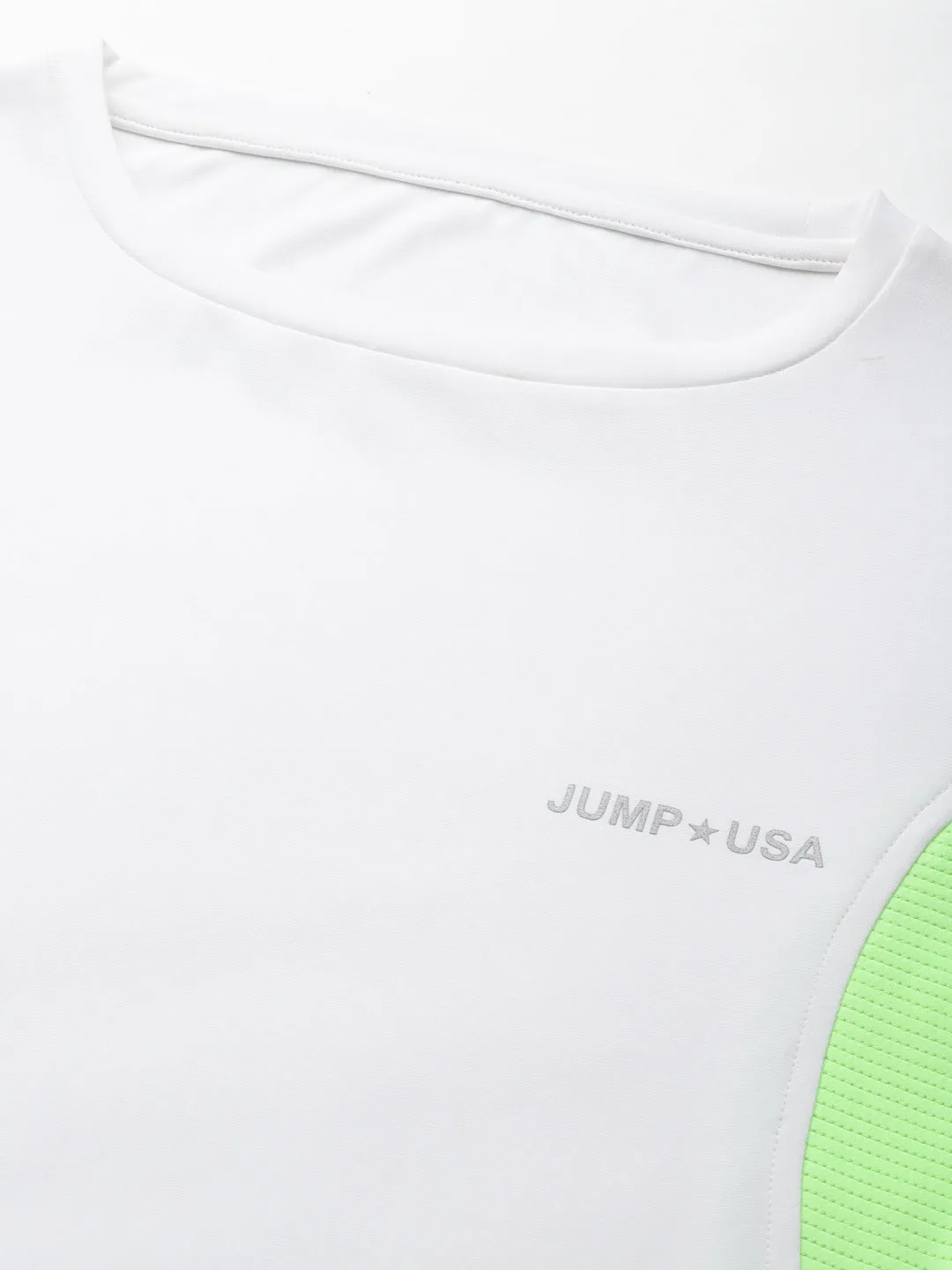 JUMP USA Lifestyle Women White & Neon Green Polyster Round Neck T-Shirt