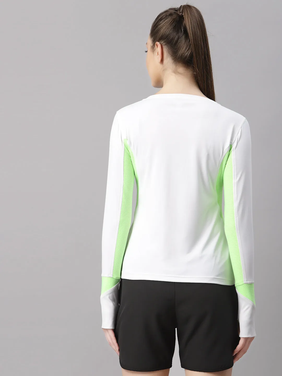 JUMP USA Lifestyle Women White & Neon Green Polyster Round Neck T-Shirt