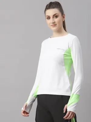 JUMP USA Lifestyle Women White & Neon Green Polyster Round Neck T-Shirt