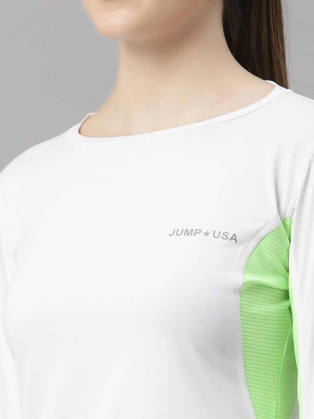 JUMP USA Lifestyle Women White & Neon Green Polyster Round Neck T-Shirt