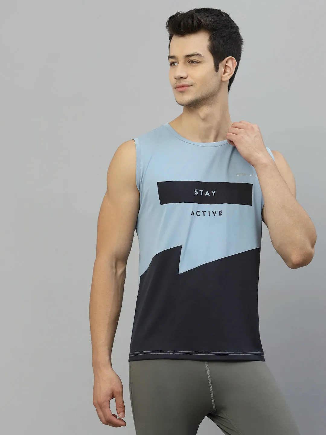 JUMP USA Men Cashmere Blue & Navy Blue Printed Polyester Sleeveless Tank T-shirt