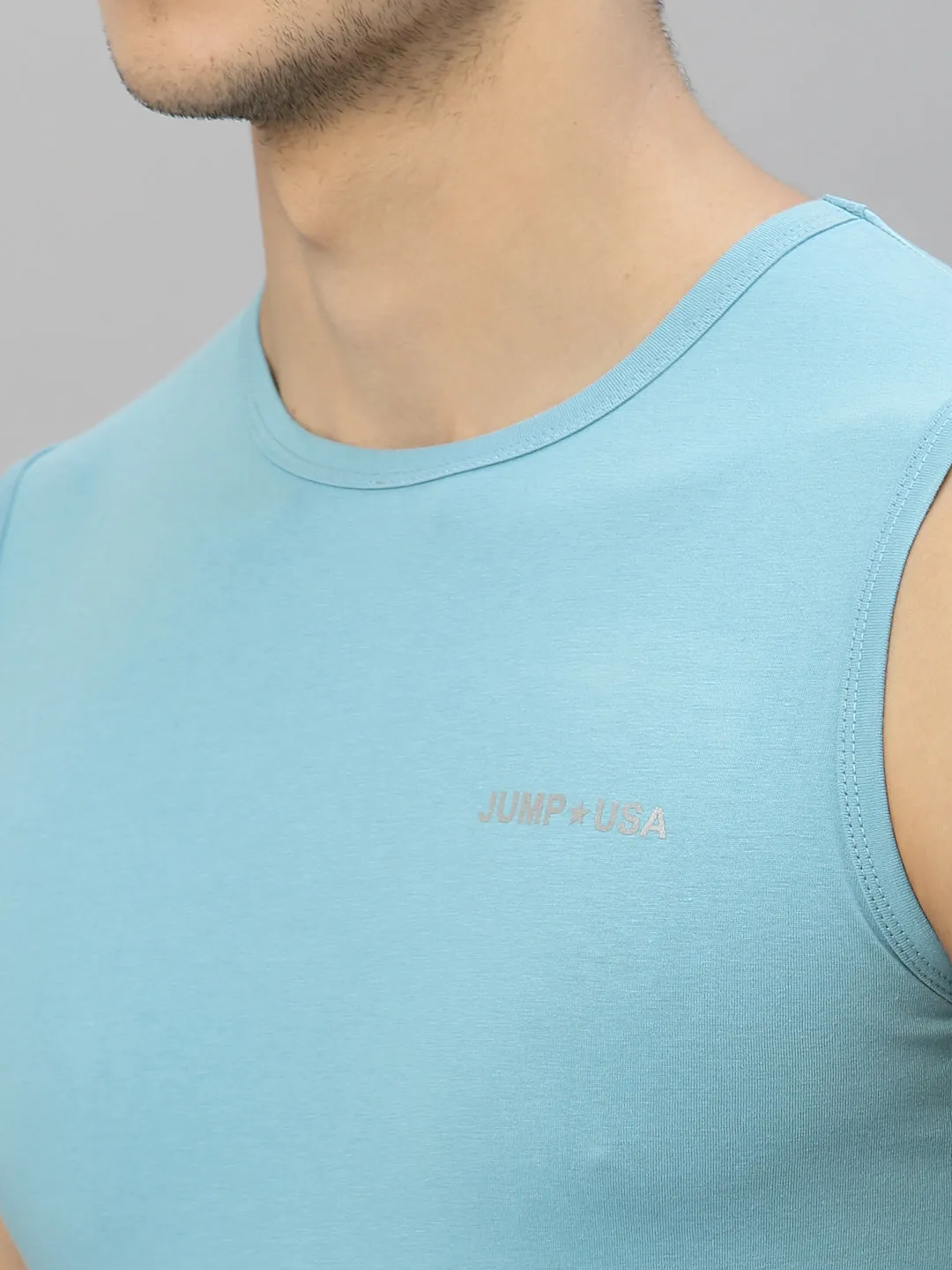 JUMP USA Men Sky Blue Pure Cotton Sleeveless Solid Tank T-shirt