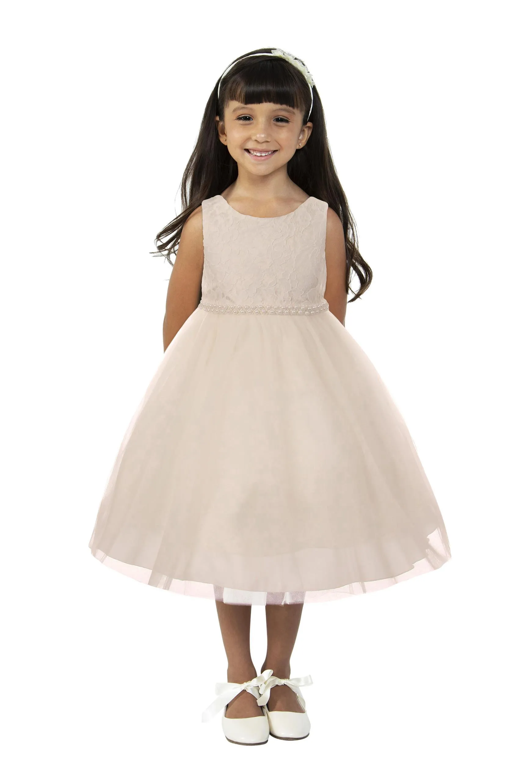 Lace Illusion Girls Dress with Thick Pearl Trim