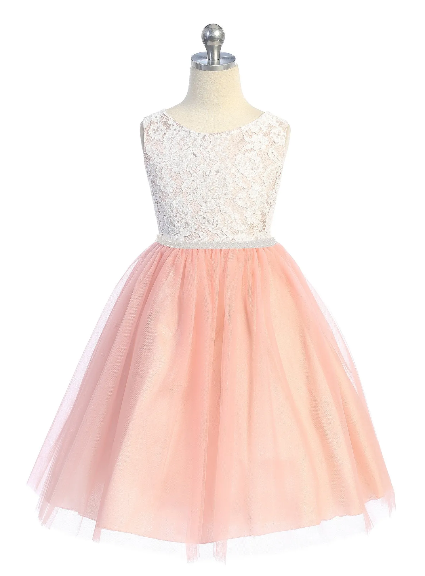 Lace Illusion Girls Dress with Thick Pearl Trim